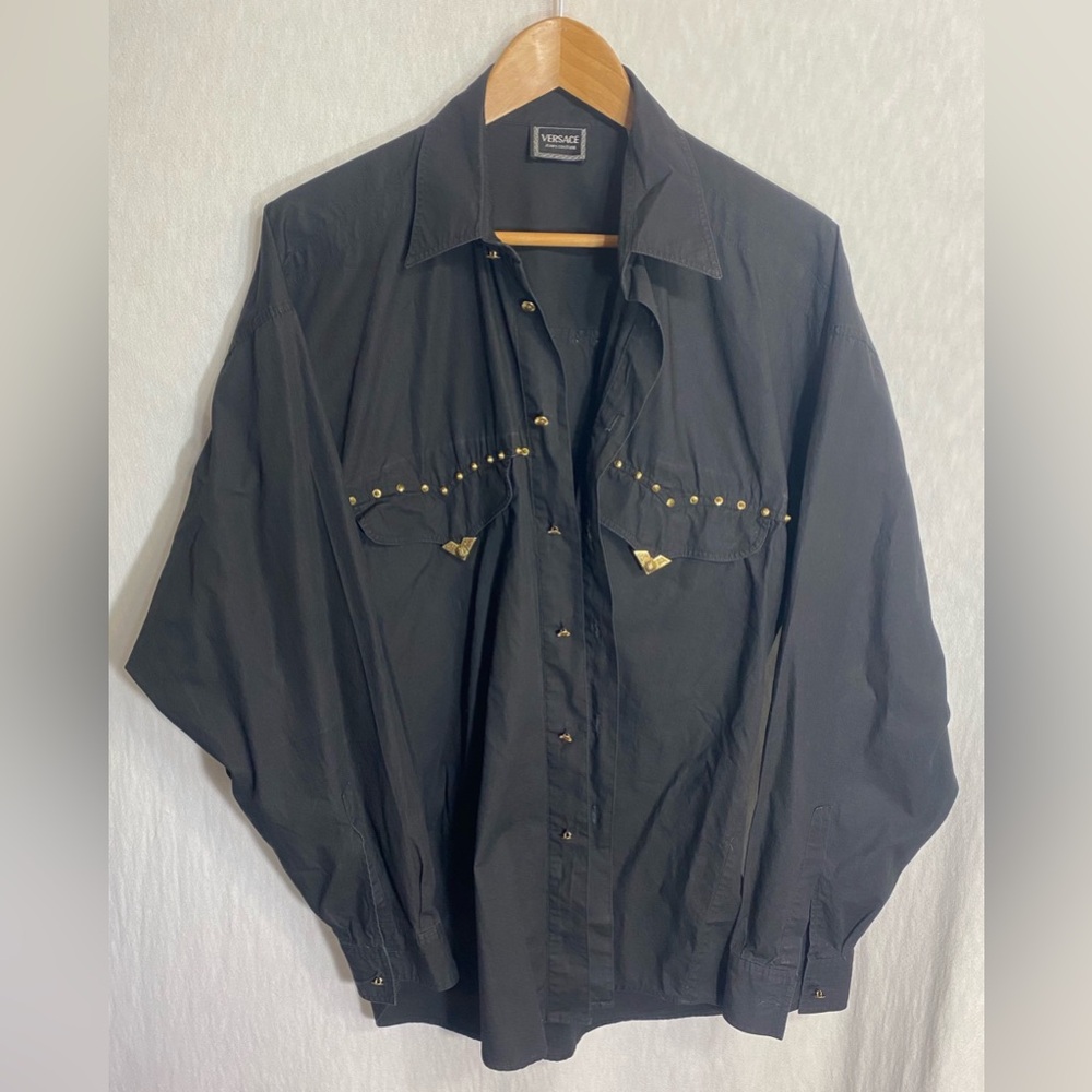 VERSACE JEANS COUTURE Vintage Western Men’s Black Studded Shirt Metal Tips Sz M